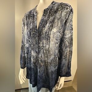 Charter Club Ombre-Blues V-Neck Pintuck Paisley Print Blouse EUC Sz 16